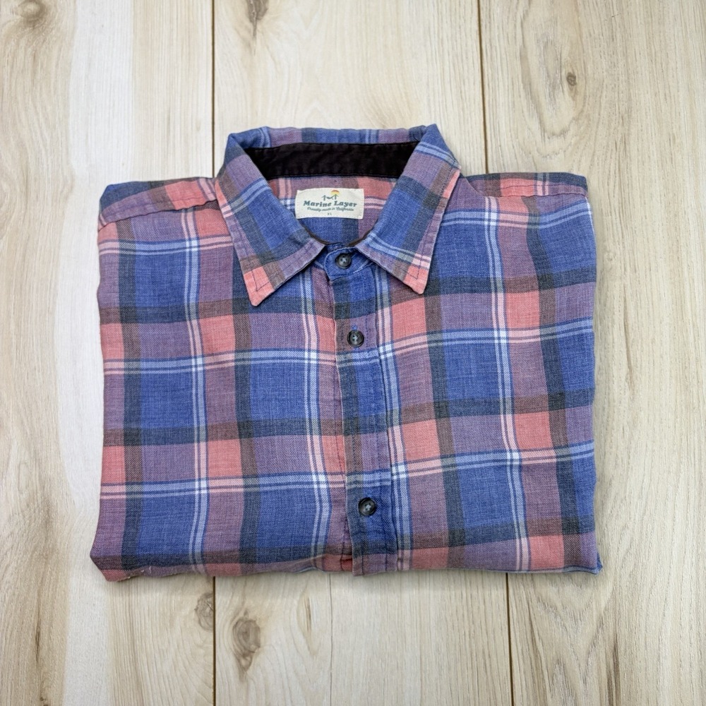 Marine Layer Mens Plaid Button Up Long Sleeve Shirt Blue Red XL Cotton Outdoors